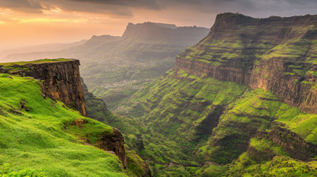 A breathtaking view of lush green mountains at sunset showcases dramatic cliffs and valleys. Ideal for nature lovers and travel enthusiasts seeking serenity.の素材