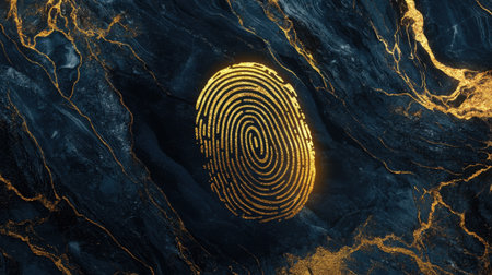 This striking image features a golden fingerprint over a dark marble background, symbolizing identity, security, and digital innovation in a modern aesthetic.の素材