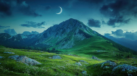 This stunning mountain landscape captures the tranquil essence of nature with a crescent moon illuminating a lush meadow under a dramatic sky.の素材