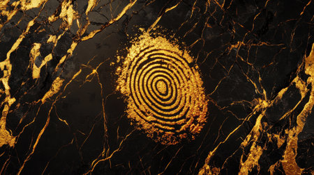 This artistic image features an abstract golden fingerprint design on a dark marble background, showcasing intricate spiral patterns and luxurious textures.の素材