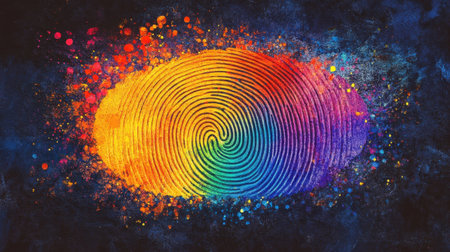 This stunning image features a vibrant rainbow fingerprint set against an abstract background filled with colorful splashes. The unique design emphasizes individuality and creativity, making it perfect for themes of identity and security in a modern context.の素材