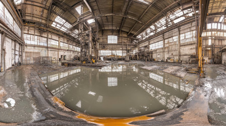 This panoramic view captures the eerie beauty of an abandoned industrial factory, showcasing rusted machinery and water-filled reflections under diffused natural light.の素材