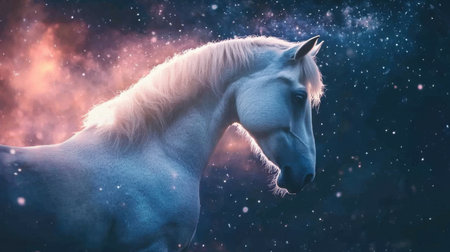 This captivating image features a striking silhouette of a white horse against a mesmerizing starry night sky, blending cosmic colors.の素材