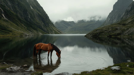 A serene scene features a horse drinking from a quiet mountain lake. Surrounded by towering peaks and mist, this tranquil moment captures the essence of nature's beauty.の素材