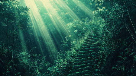 This captivating image showcases sunlight filtering through a rich forest canopy, illuminating ancient stone steps surrounded by vibrant greenery.の素材