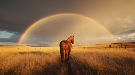 A stunning image of a horse gazing into the distance in a golden field, framed by a vibrant rainbow and dramatic skies at sunset. Perfect for nature enthusiasts.の素材