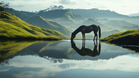A stunning image of a horse drinking water from a calm lake, framed by lush green hills and misty mountains at sunrise, capturing the essence of nature's beauty.の素材