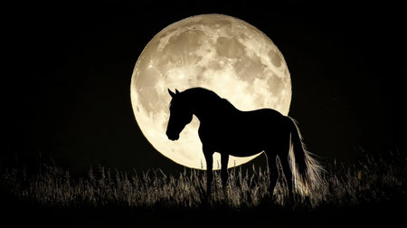 A stunning silhouette of a horse stands gracefully in front of a luminous full moon, creating a serene and tranquil nighttime scene. The horse's profile is beautifully highlighted against the dark sky, surrounded by tall grass, evoking a sense of peace and wonder in nature.の素材