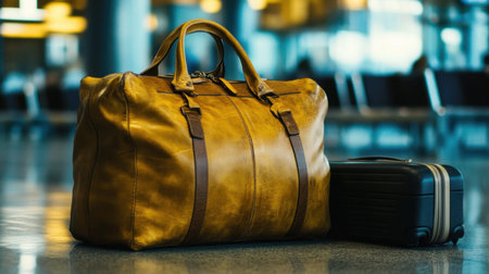 A stylish leather duffel bag and sleek carry-on suitcase are displayed in a modern airport terminal, setting the scene for unforgettable journeys.の素材