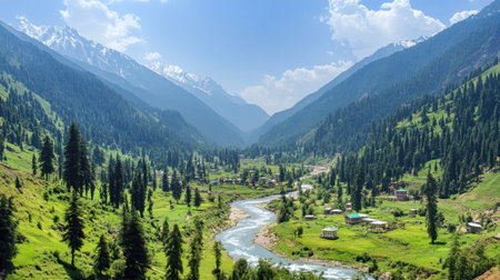 Experience the breathtaking scenery of a lush green valley surrounded by majestic mountains with a flowing river, perfect for nature lovers and adventurers.の素材