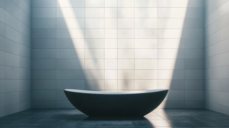 This image presents a stylish and minimalist bathtub in a bright bathroom setting, emphasizing natural light and elegant design elements for a serene atmosphere.の素材