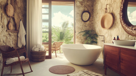 This inviting modern bathroom features a white bathtub, natural decor, and large windows showcasing stunning greenery, creating a peaceful oasis.の素材