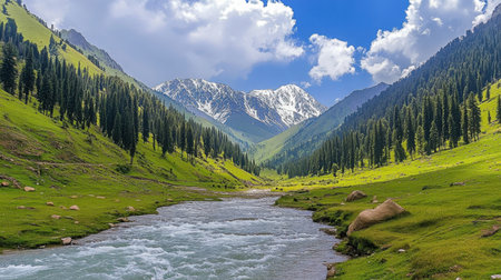 A stunning mountain landscape featuring a flowing river, lush green hills, and majestic snow-capped peaks under a bright blue sky, inviting tranquility.の素材