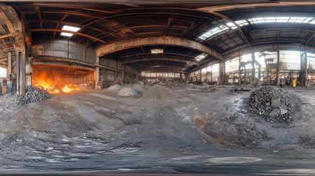 A captivating view of an abandoned industrial factory featuring scattered raw materials, dusty floor, scattered equipment, and remnants of past production activities.の素材