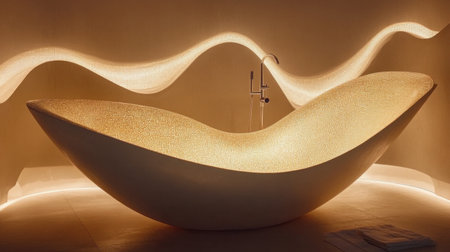 This stunning freestanding bathtub showcases a modern design with elegant curves, enhanced by warm lighting, perfect for a luxurious bathroom experience.の素材