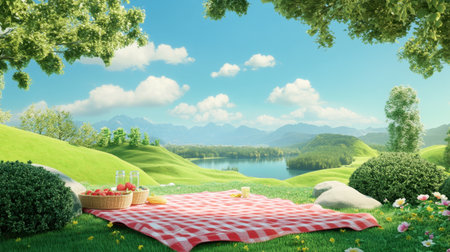 Enjoy a stunning picnic scene set against a breathtaking landscape with green hills, a sparkling lake, and majestic mountains under a brilliant blue sky.の素材
