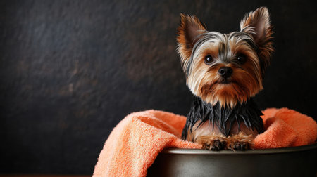 A charming Yorkshire Terrier puppy sits wrapped in a soft towel inside a bathing tub, showcasing its adorable features against a dark background. Perfect for pet lovers.の素材