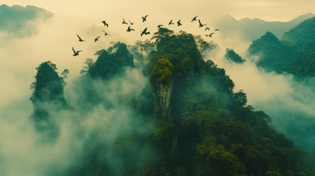 Experience an enchanting aerial view of mountain peaks enveloped in mist, with a flock of birds gracefully soaring across a lush green jungle landscape at dawn.の素材