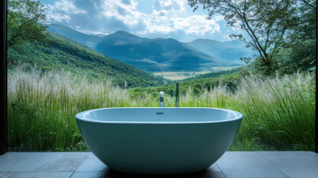 A modern bathtub elegantly positioned in an inviting outdoor setting, offering stunning views of rolling mountains and a bright blue sky, perfect for relaxation.の素材