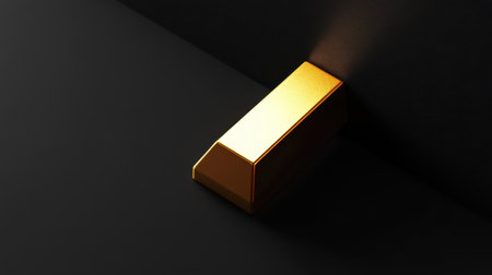 A single gold bar rests elegantly against a dark background, illuminated by soft light that creates striking shadows, perfect for financial themes.の素材