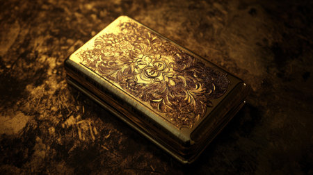 This image features a detailed gold-plated box adorned with an intricate floral design, set against a warm, textured background. The soft light highlights its luxurious appeal.の素材