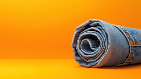 A rolled piece of denim fabric is displayed against a vibrant orange background, perfect for fashion and design projects. This image captures the texture and color contrast, ideal for creative use in marketing, presentations, or digital content.の素材