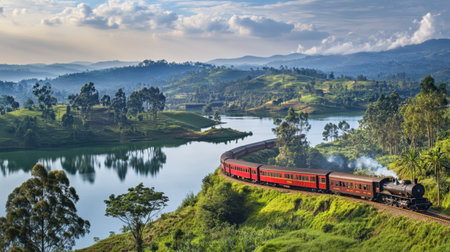 A breathtaking view of a vintage train winding through lush green hills beside a tranquil lake, capturing the essence of adventure and natural beauty.の素材