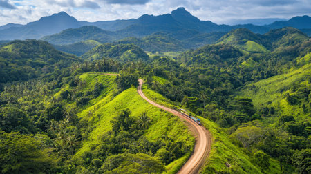 Beautiful winding road meanders through vibrant green hills and tropical flora, framed by majestic mountains under a partly cloudy sky, creating a serene outdoor escape.の素材