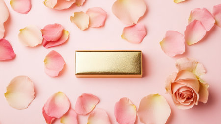 A beautifully styled golden box is elegantly surrounded by delicate pink rose petals and flowers on a soft light background, evoking feelings of luxury and romance.の素材