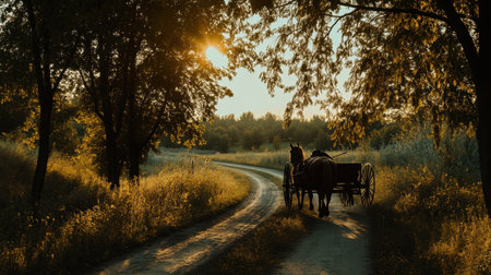 Experience the serene beauty of a horse and buggy journey through a sunlit landscape, showcasing nature's tranquility along a winding path at sunset.の素材