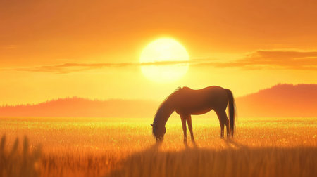 A stunning silhouette of a horse grazing in a golden field as the sun sets behind rolling hills, creating a serene and peaceful landscape.の素材