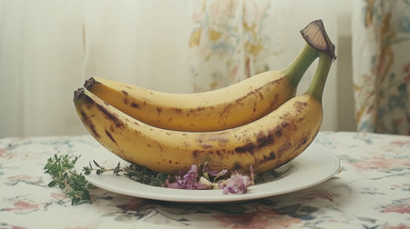 A pair of ripe bananas rests elegantly on a white plate, surrounded by delicate herbs and flowers, creating a harmonious and inviting kitchen scene.の素材