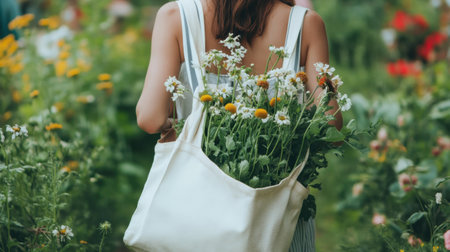 A young woman enjoys a sunny day in a lush garden, carrying a tote filled with fresh flowers, embodying a connection to nature and sustainability.の素材