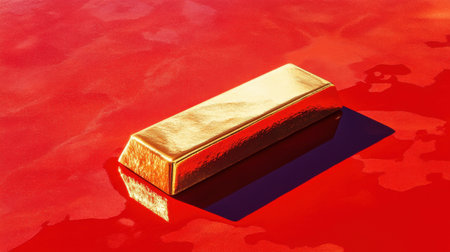 A striking gold bar rests on a vibrant red surface, reflecting light beautifully. This image symbolizes wealth, luxury, and financial success, ideal for creative projects.の素材