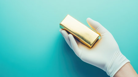 A close-up image featuring a hand in a white glove carefully holding a shiny gold bar against a soft turquoise background, symbolizing luxury and wealth.の素材