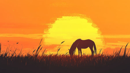 This captivating image portrays a silhouette of a horse grazing against a stunning sunset backdrop, featuring vibrant orange hues and tall grass, evoking peace.の素材