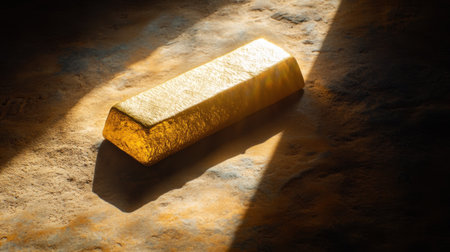 A stunning image of a gold bar resting on a textured surface, illuminated by soft light that creates dramatic shadows and highlights its luxurious attributes.の素材