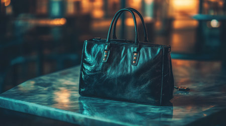 A classy black leather handbag rests on a polished marble table, illuminated by soft urban lights, creating an atmosphere of elegance and sophistication.の素材