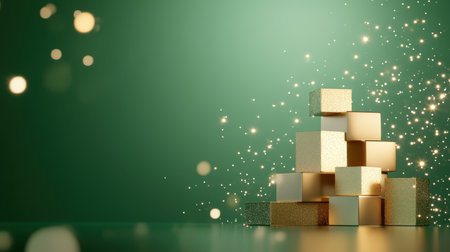 A visually captivating arrangement of gold and white cubes stacked on a soft green background, illuminated by sparkling bokeh lights, ideal for festive themes.の素材