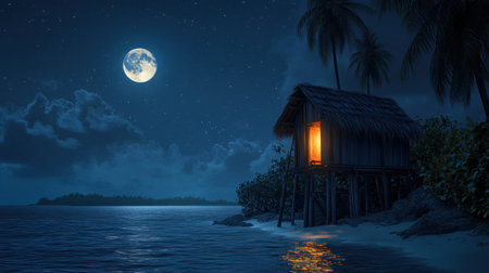 This captivating nighttime scene features a wooden hut beside tranquil waters, illuminated by a warm glow. The bright moon casts enchanting reflections over the landscape, framed by palm trees and a starry sky, evoking a sense of peace and solitude. Perfect for themes of relaxation and travel.の素材