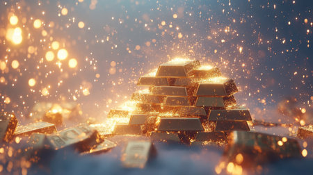 A stunning visual of gold bars arranged in a pyramid, surrounded by sparkling lights and shimmering dust, evokes feelings of wealth and luxury.の素材