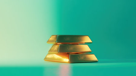 Three shiny gold bars are elegantly stacked against a vibrant turquoise background. The soft lighting highlights their texture, symbolizing wealth and prosperity.の素材