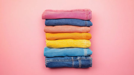 A vibrant stack of rolled denim and cotton clothing is displayed against a soft pink background, showcasing a variety of colors and textures perfect for fashion and textile themes.の素材
