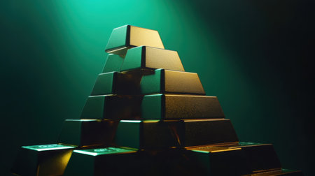 A stunning arrangement of gleaming gold bars in a pyramid shape illuminated by soft lighting, perfect for concepts related to wealth, luxury, and investment.の素材