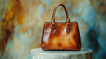 This elegantly designed brown leather handbag sits on a marble surface, showcasing its quality and craftsmanship against a warm, artistic background. Perfect for fashion enthusiasts!の素材