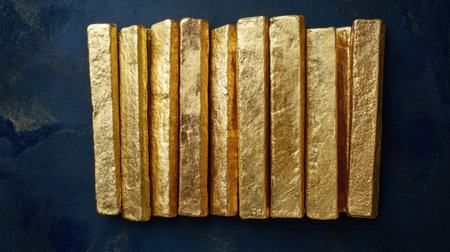 A stunning arrangement of gold bars stacked together on a dark backdrop, symbolizing wealth, luxury, and high-value investments in a visually appealing manner.の素材