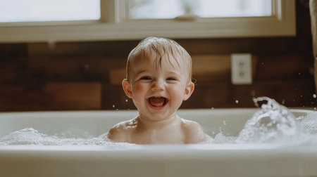 A joyful baby splashes in a bath, radiating happiness with a bright smile. The warm bathroom ambiance creates a cozy, cheerful atmosphere perfect for childhood moments.の素材