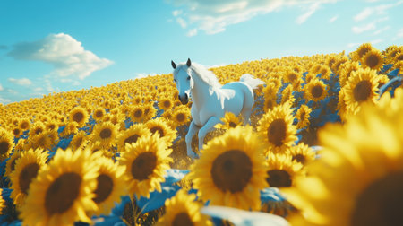 A stunning scene capturing a white horse in motion, gracefully running through a vibrant field of sunflowers under a clear blue sky, embodying freedom.の素材