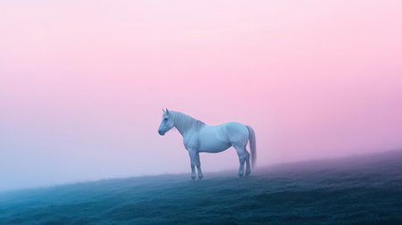 A stunning white horse stands gracefully in the mist, surrounded by a dreamy pastel sky. The ethereal atmosphere creates a serene and tranquil scene.の素材