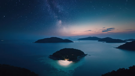 A stunning view of a remote island at night, illuminated by soft lights, showcasing a star-filled sky and serene waters reflecting the twilight glow.の素材